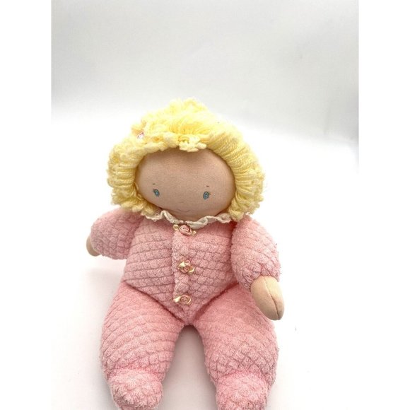 Vintage Eden Doll Plush Curly Blonde Rose Terry Cloth Waffle Weave Rare  - Picture 3 of 7